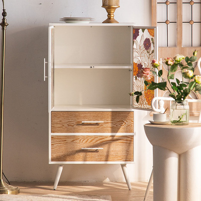 Armoire de rangement rectangulaire traditionnelle en pin français et MDF avec portes en verre émaillé, 2 tiroirs et 2 compartiments pour chambre et salon 