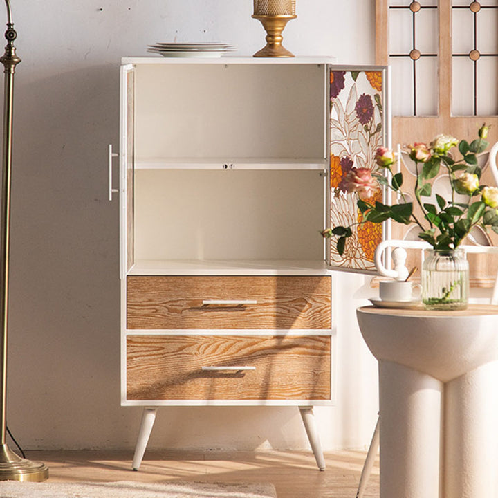 Armoire de rangement rectangulaire traditionnelle en pin français et MDF avec portes en verre émaillé, 2 tiroirs et 2 compartiments pour chambre et salon 