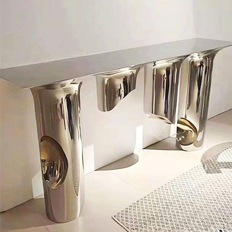 Mesa Consola Rectangular Contemporánea de Acero Inoxidable y Mármol Nórdico con Estante Único para la Entrada, Sala de Estar y Dormitorio 