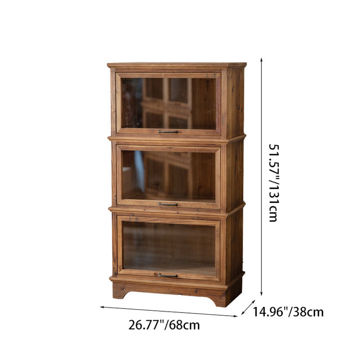 Armoire de rangement rectangulaire rustique traditionnelle en bois de pin et verre avec 3 compartiments pour salon et chambre 
