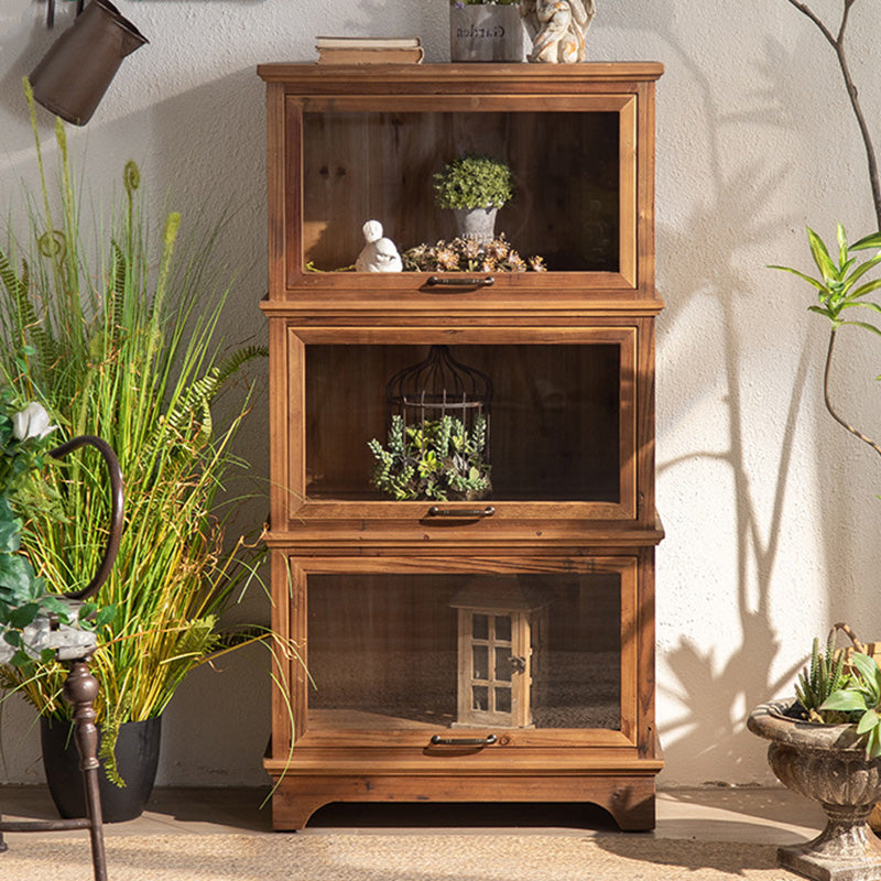 Armoire de rangement rectangulaire rustique traditionnelle en bois de pin et verre avec 3 compartiments pour salon et chambre 