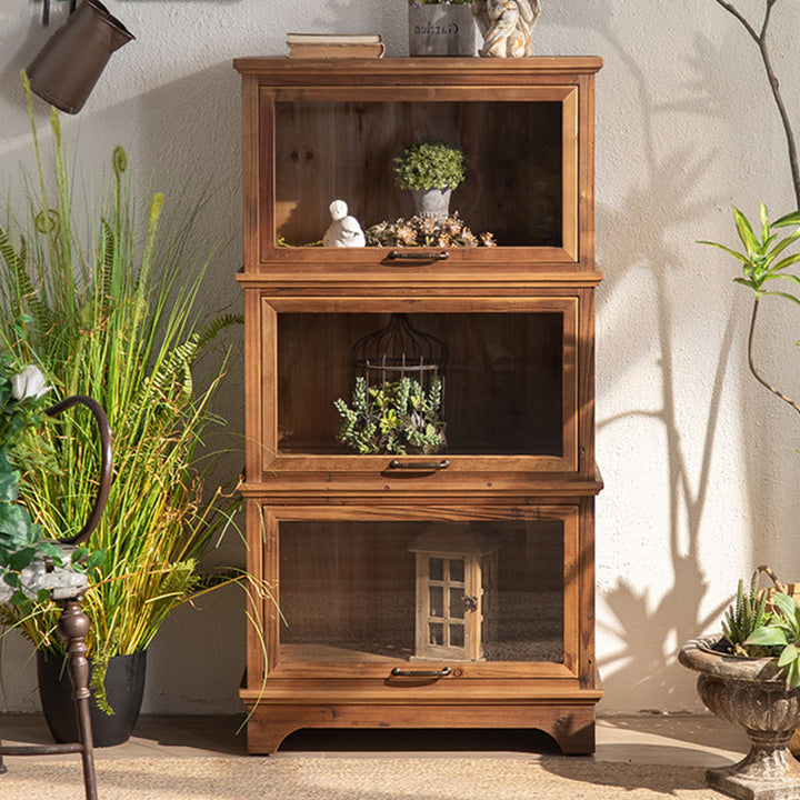 Armoire de rangement rectangulaire rustique traditionnelle en bois de pin et verre avec 3 compartiments pour salon et chambre 