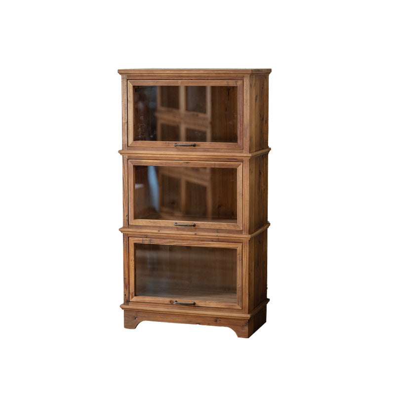 Armoire de rangement rectangulaire rustique traditionnelle en bois de pin et verre avec 3 compartiments pour salon et chambre 