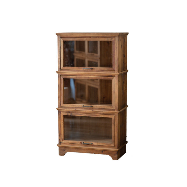 Armoire de rangement rectangulaire rustique traditionnelle en bois de pin et verre avec 3 compartiments pour salon et chambre 