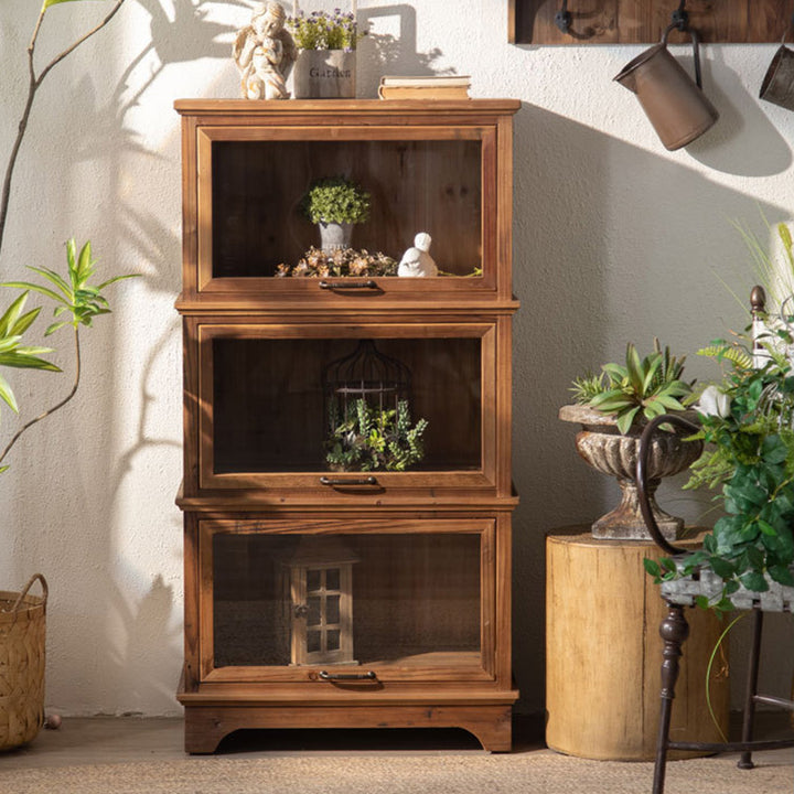 Armoire de rangement rectangulaire rustique traditionnelle en bois de pin et verre avec 3 compartiments pour salon et chambre 