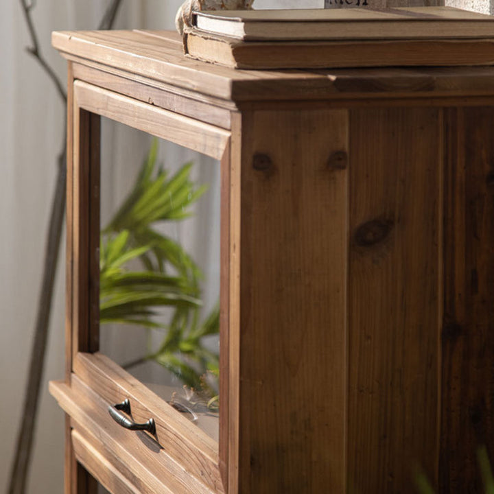 Armoire de rangement rectangulaire rustique traditionnelle en bois de pin et verre avec 3 compartiments pour salon et chambre 