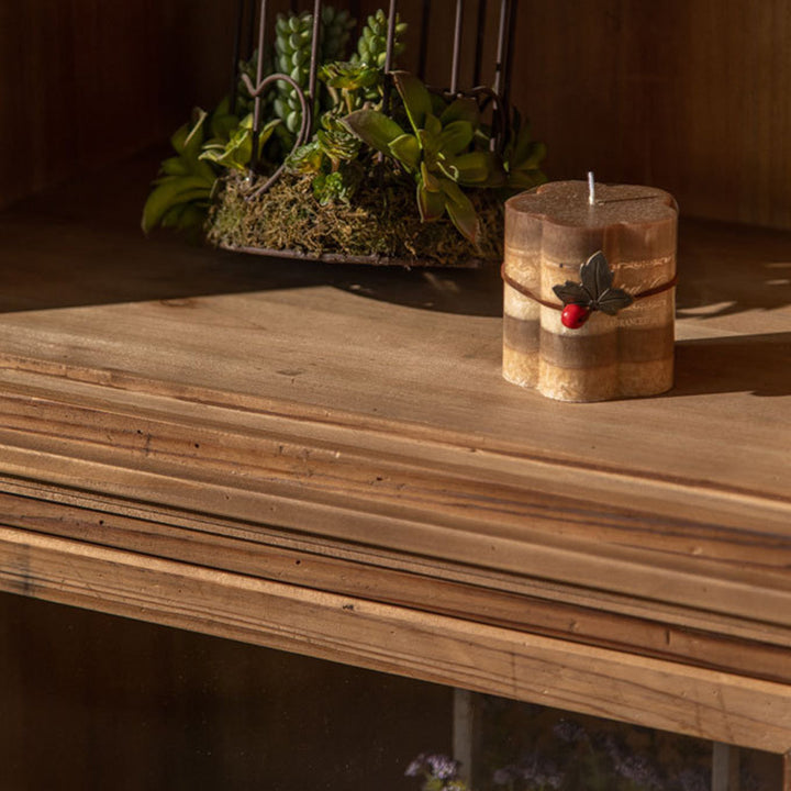 Armoire de rangement rectangulaire rustique traditionnelle en bois de pin et verre avec 3 compartiments pour salon et chambre 