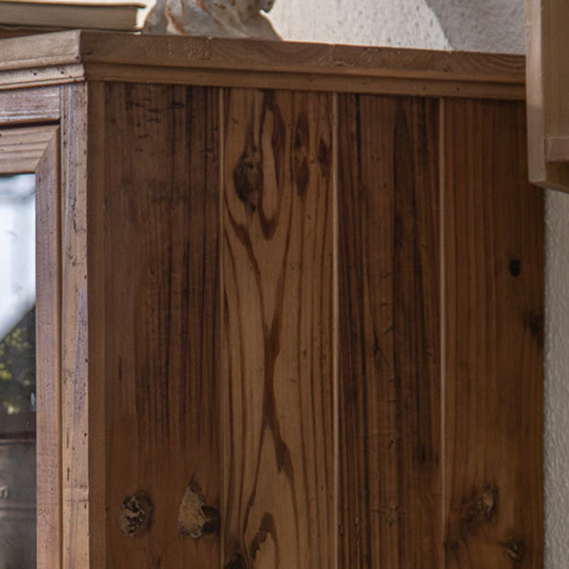 Armoire de rangement rectangulaire rustique traditionnelle en bois de pin et verre avec 3 compartiments pour salon et chambre 