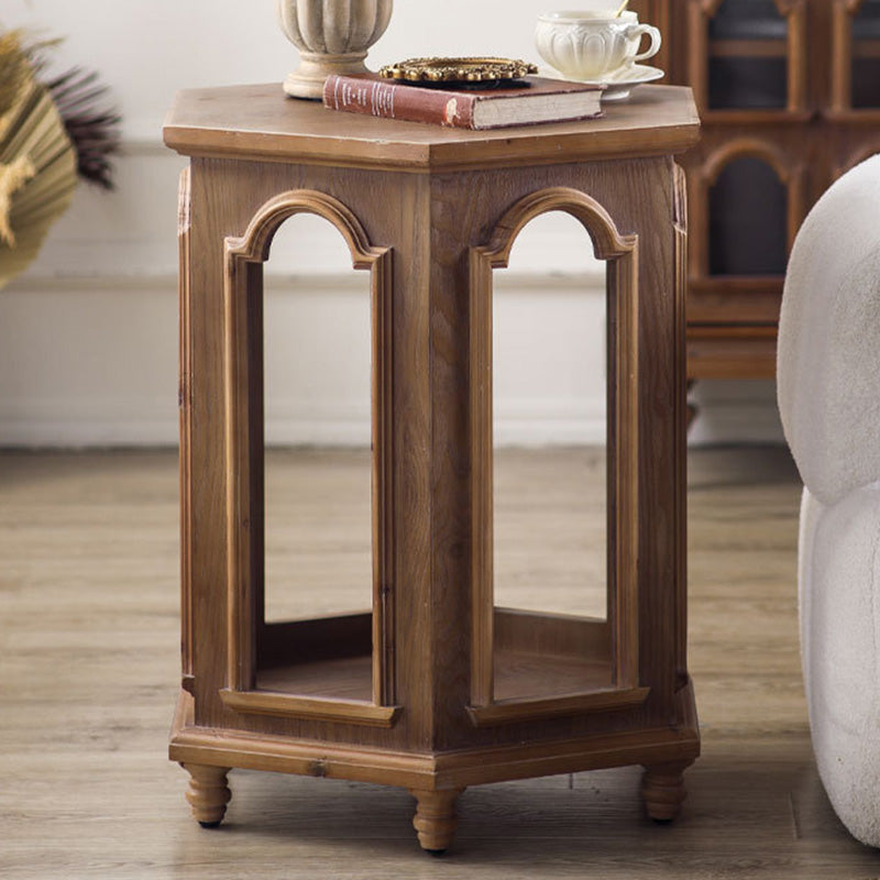 Traditional Chinese Pine Wood MDF Hexagonal Coffee Table With 2 Tiers For Living Room &amp; Bedroom