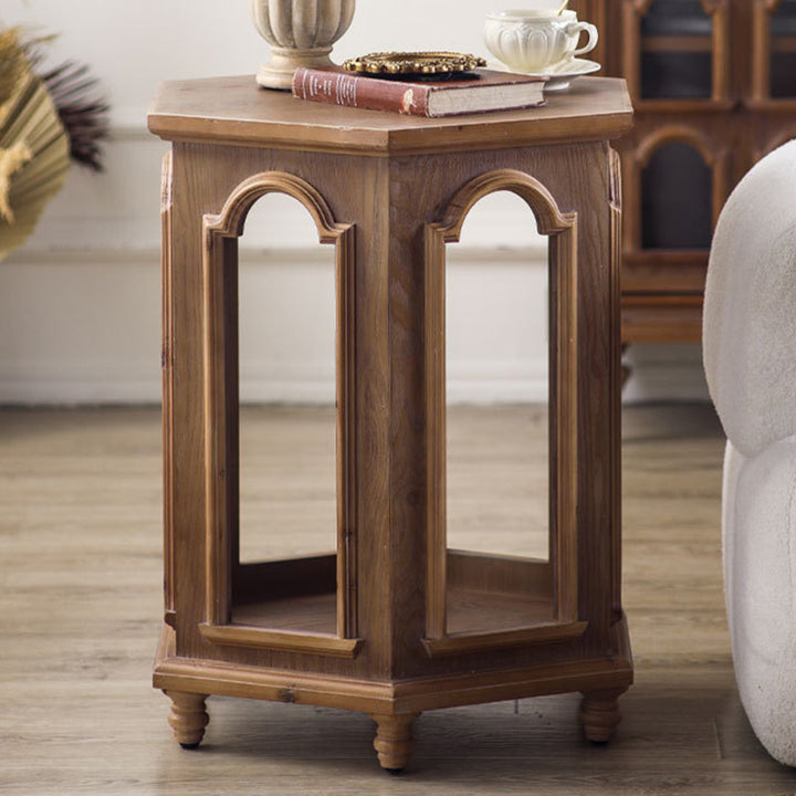 Traditional Chinese Pine Wood MDF Hexagonal Coffee Table With 2 Tiers For Living Room &amp; Bedroom