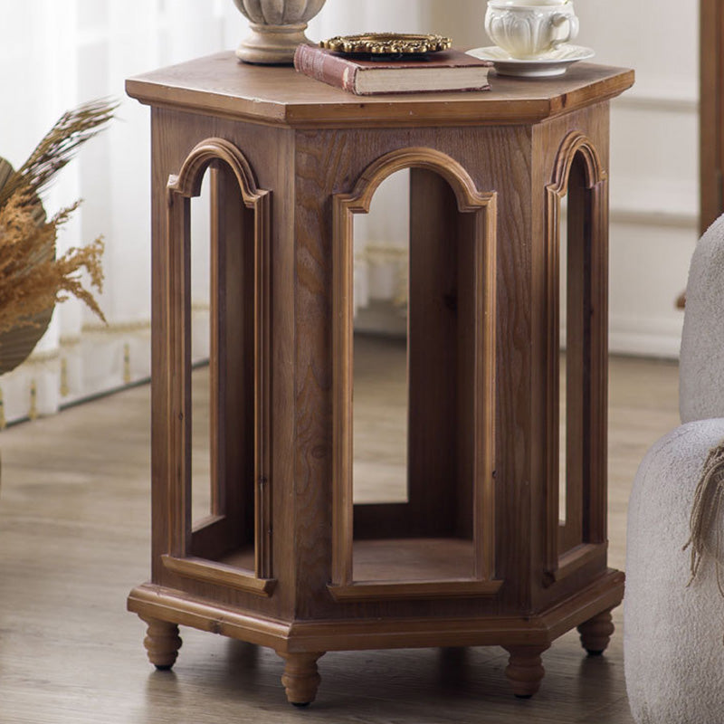 Traditional Chinese Pine Wood MDF Hexagonal Coffee Table With 2 Tiers For Living Room &amp; Bedroom