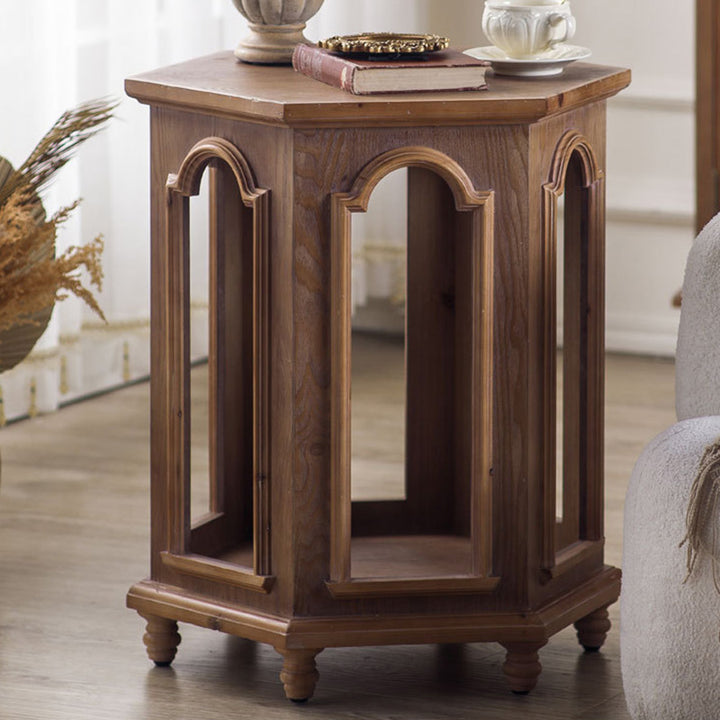 Traditional Chinese Pine Wood MDF Hexagonal Coffee Table With 2 Tiers For Living Room &amp; Bedroom