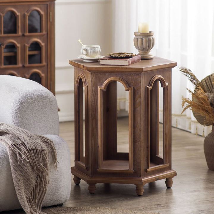 Traditional Chinese Pine Wood MDF Hexagonal Coffee Table With 2 Tiers For Living Room &amp; Bedroom