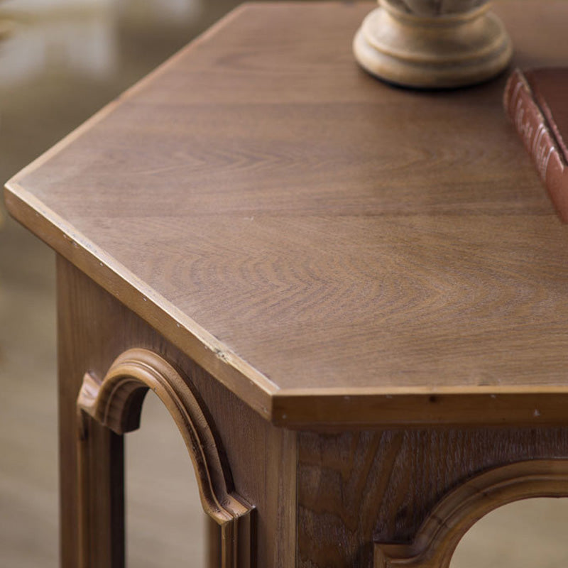Traditional Chinese Pine Wood MDF Hexagonal Coffee Table With 2 Tiers For Living Room &amp; Bedroom