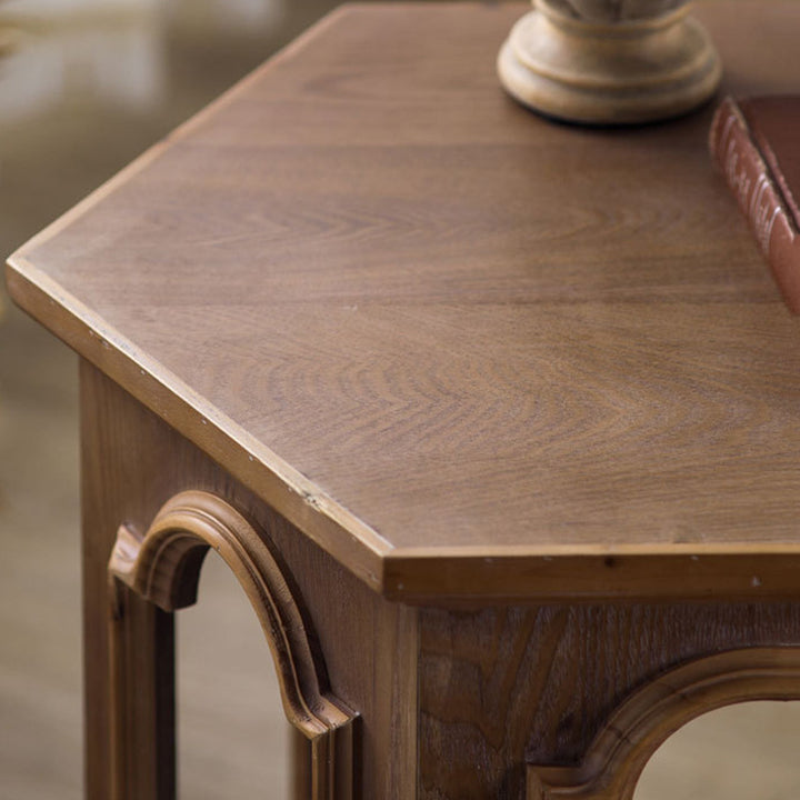 Traditional Chinese Pine Wood MDF Hexagonal Coffee Table With 2 Tiers For Living Room &amp; Bedroom