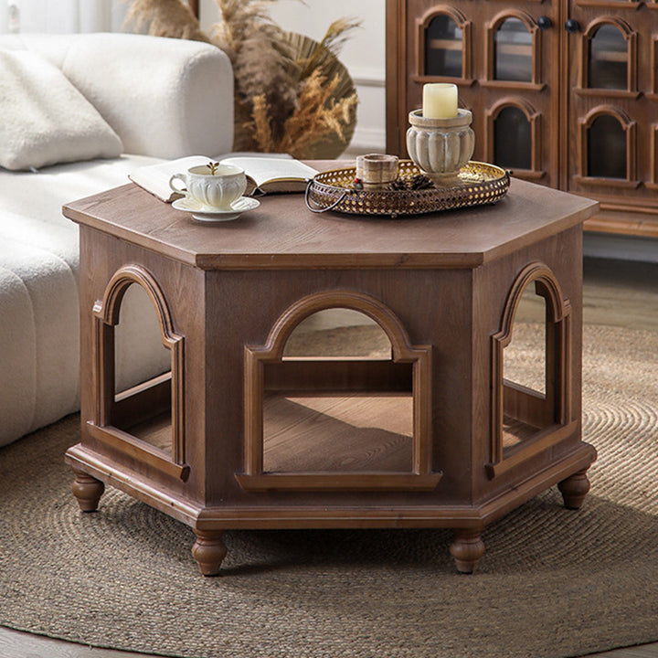 Traditional Chinese Pine Wood MDF Hexagonal Coffee Table With 2 Tiers For Living Room &amp; Bedroom