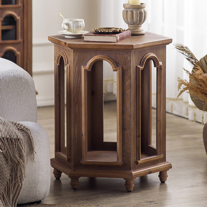 Traditional Chinese Pine Wood MDF Hexagonal Coffee Table With 2 Tiers For Living Room &amp; Bedroom