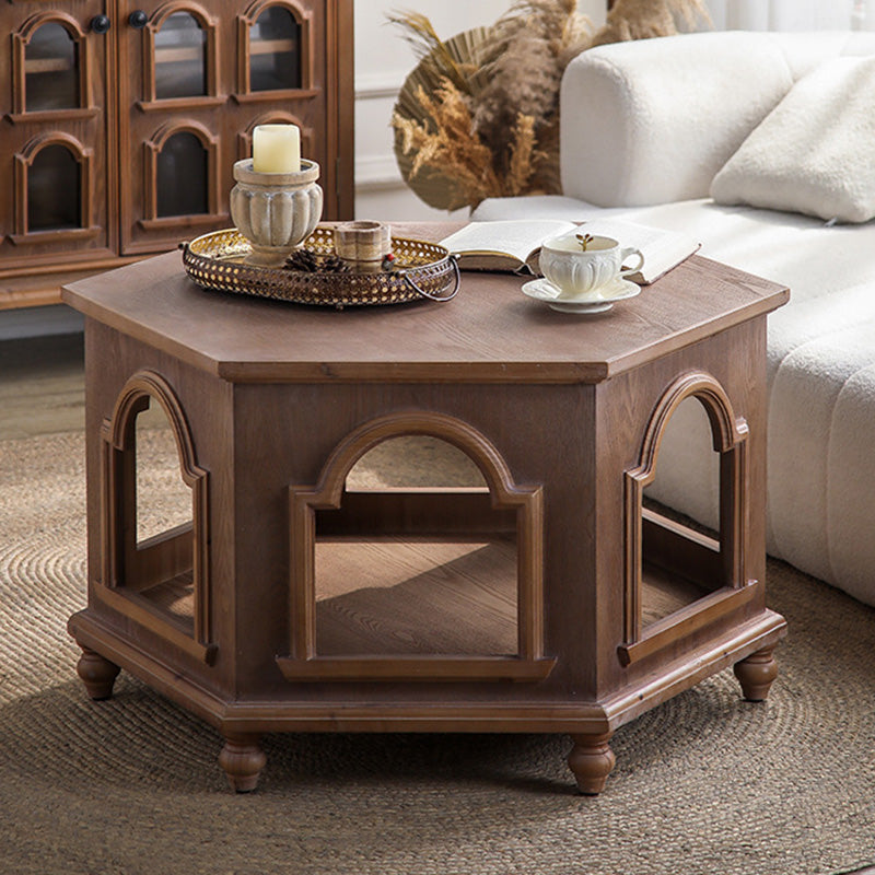 Traditional Chinese Pine Wood MDF Hexagonal Coffee Table With 2 Tiers For Living Room &amp; Bedroom