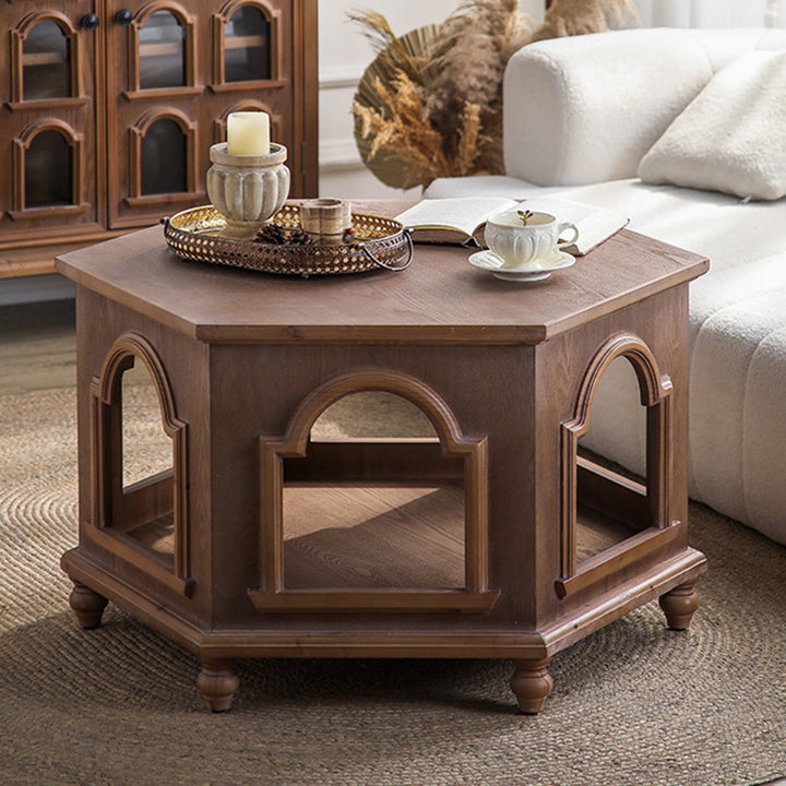 Traditional Chinese Pine Wood MDF Hexagonal Coffee Table With 2 Tiers For Living Room &amp; Bedroom