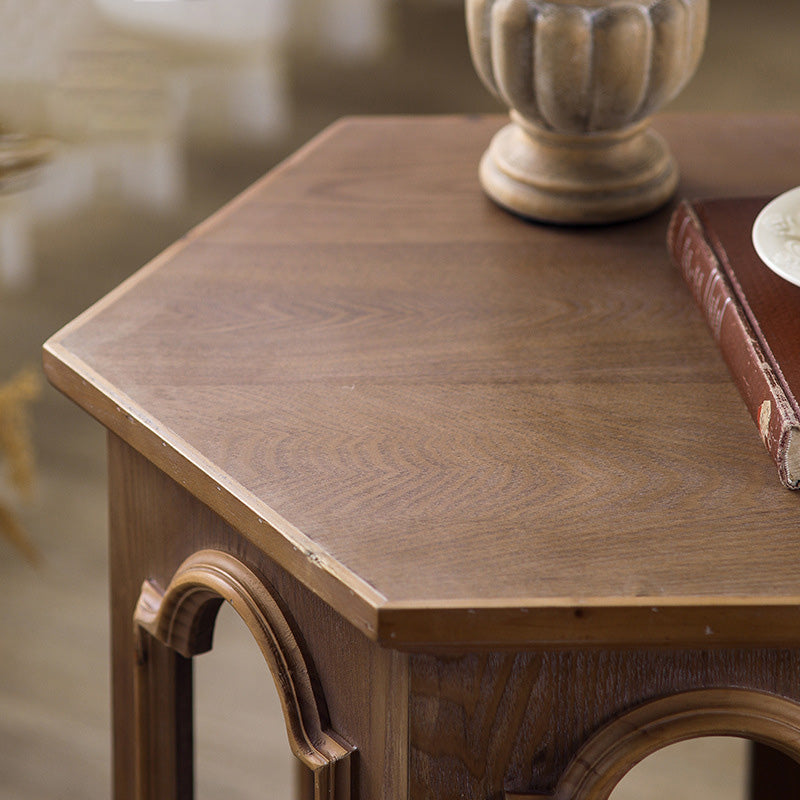 Traditional Chinese Pine Wood MDF Hexagonal Coffee Table With 2 Tiers For Living Room &amp; Bedroom