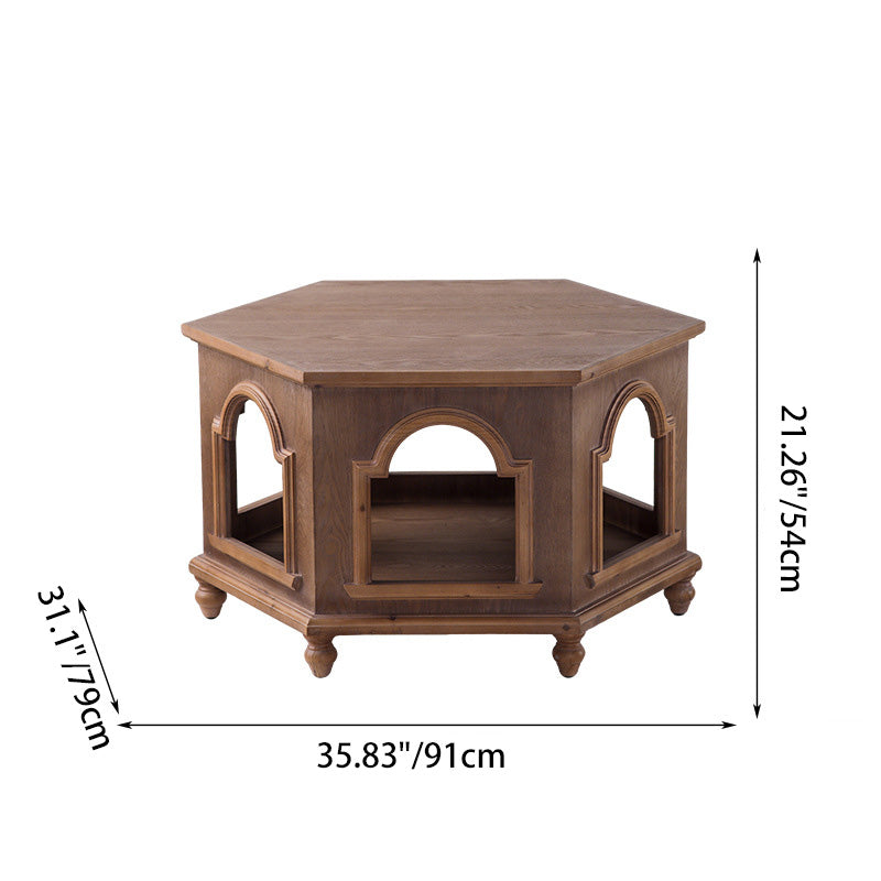 Traditional Chinese Pine Wood MDF Hexagonal Coffee Table With 2 Tiers For Living Room &amp; Bedroom