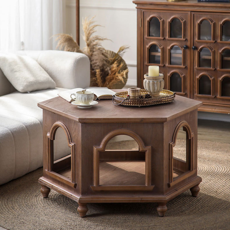Traditional Chinese Pine Wood MDF Hexagonal Coffee Table With 2 Tiers For Living Room &amp; Bedroom