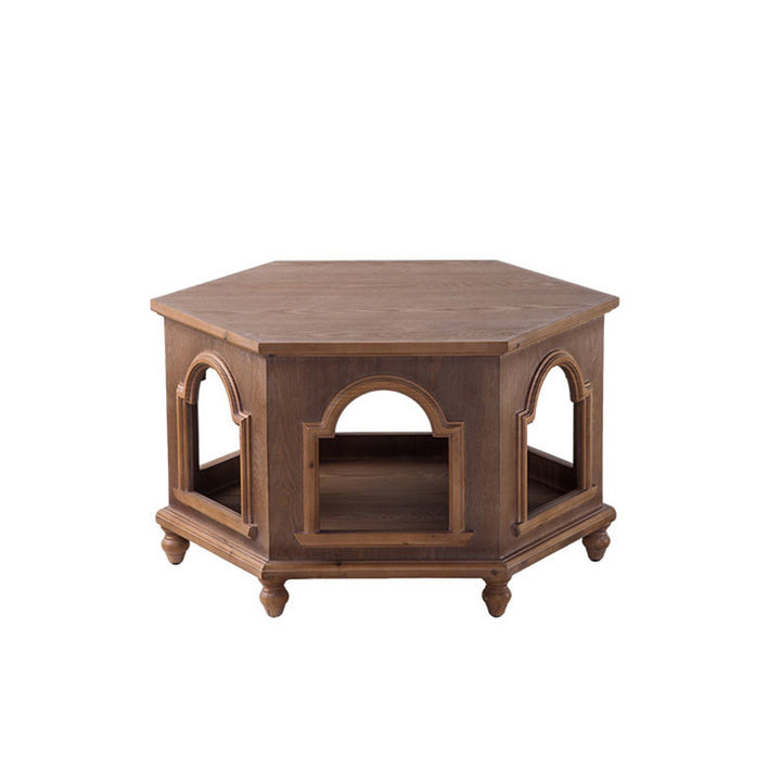 Traditional Chinese Pine Wood MDF Hexagonal Coffee Table With 2 Tiers For Living Room &amp; Bedroom