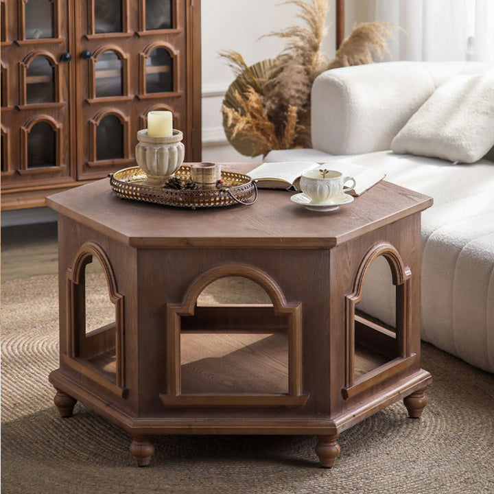 Traditional Chinese Pine Wood MDF Hexagonal Coffee Table With 2 Tiers For Living Room &amp; Bedroom