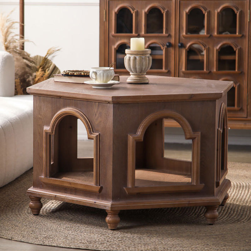Traditional Chinese Pine Wood MDF Hexagonal Coffee Table With 2 Tiers For Living Room &amp; Bedroom