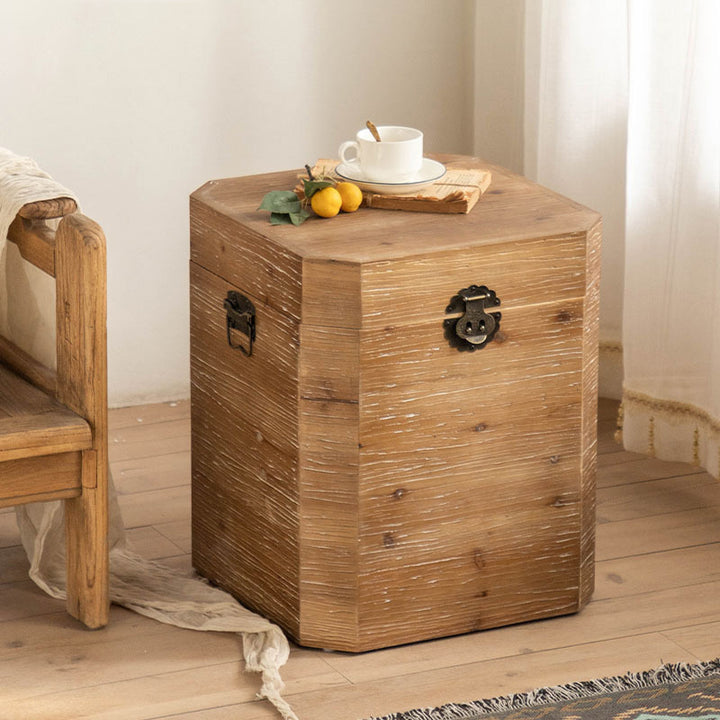 Traditional Vintage Fir Wood Octagonal Side Table With 1-Storage For Living Room & Bedroom