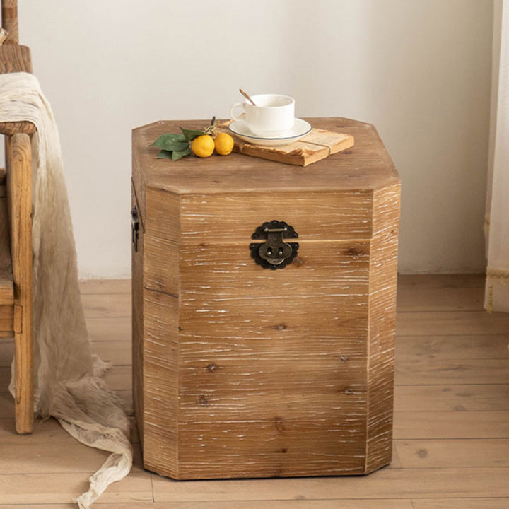 Traditional Vintage Fir Wood Octagonal Side Table With 1-Storage For Living Room &amp; Bedroom