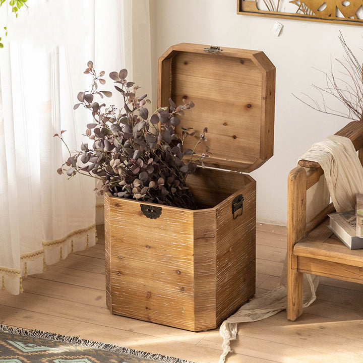Traditional Vintage Fir Wood Octagonal Side Table With 1-Storage For Living Room &amp; Bedroom