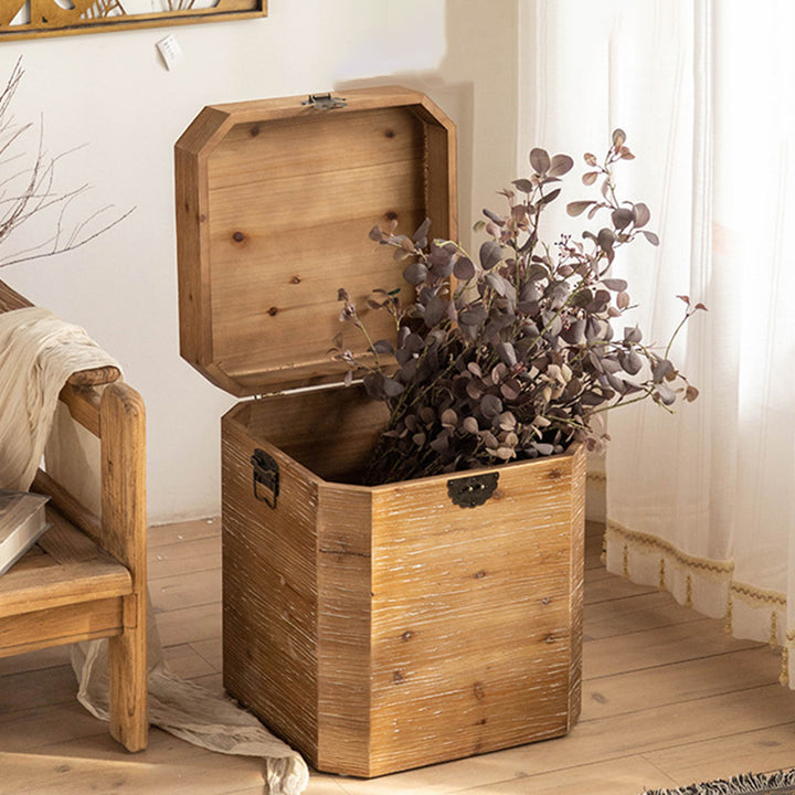 Traditional Vintage Fir Wood Octagonal Side Table With 1-Storage For Living Room &amp; Bedroom