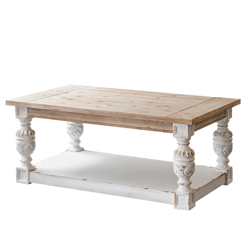 Table basse rectangulaire au style shabby chic moderne en bois de sapin, panneau artificiel et oxyde de magnésium, avec design à 1/2 niveaux pour salon et chambre 