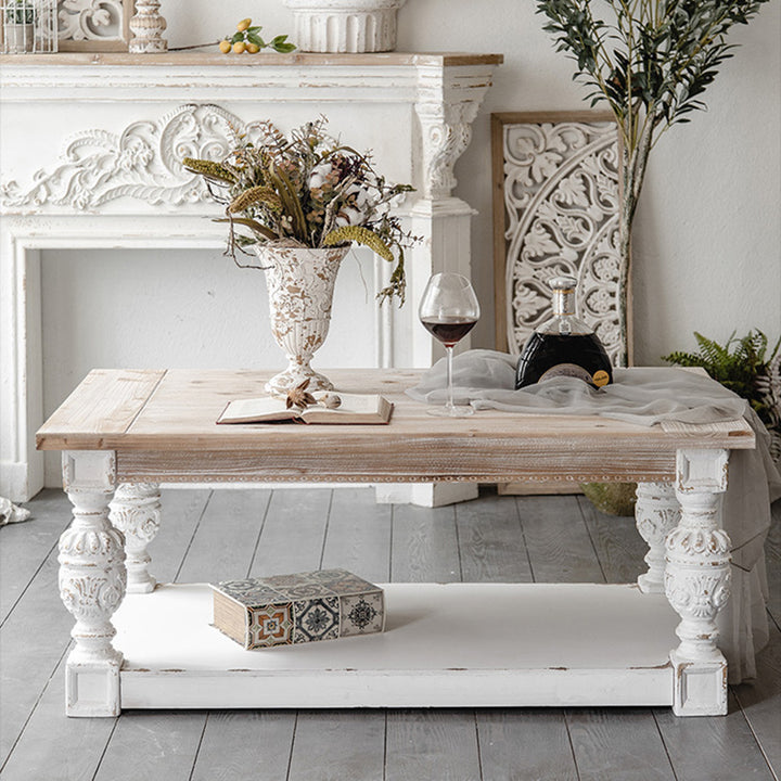 Moderner Shabby-Chic rechteckiger Kaffeetisch aus Tannenholz, Spanplatte & Magnesiumoxid mit 1/2-stufigem Design für Wohnzimmer & Schlafzimmer 