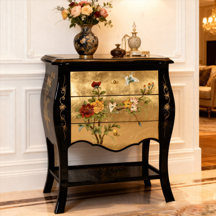 Traditional Chinese MDF Birch Rectangular Side Table With 3-Drawer 2-Tier Storage For Living Room & Bedroom
