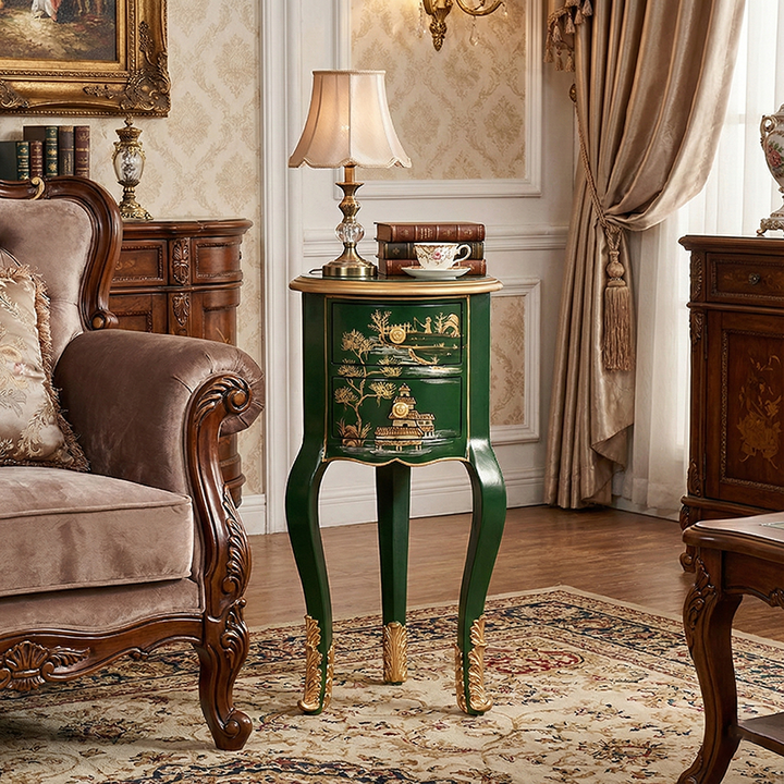 Traditional Chinese MDF Birch Round Side Table With 2-Drawer Storage For Living Room & Bedroom