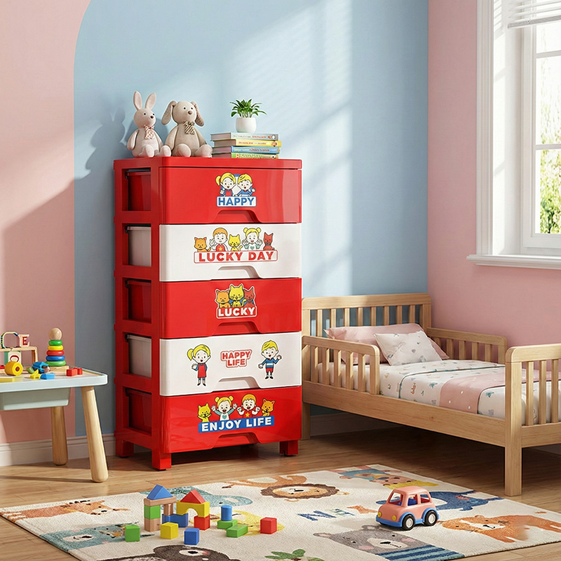 Contemporary Creative Kids PP Plastic Rectangular Movable Storage Cabinet 5-Drawer For Living Room &amp; Bedroom