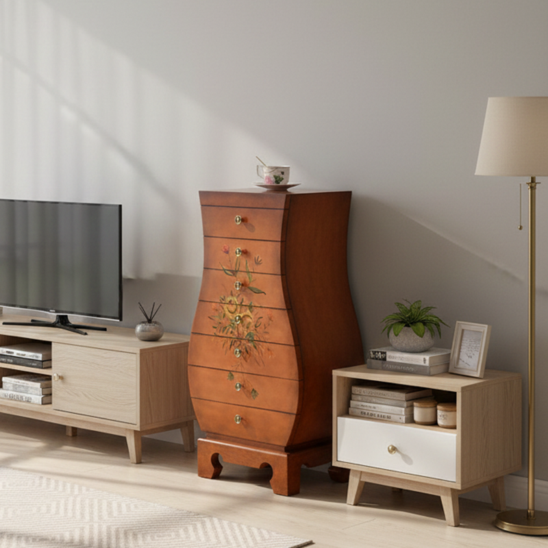 Traditional Chinese MDF Birch Wood Vase-Shaped Storage Cabinet 7-Drawer For Living Room &amp; Bedroom