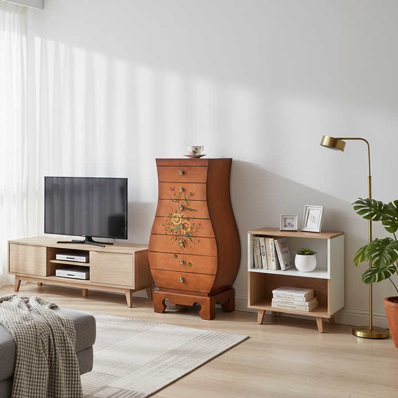 Traditional Chinese MDF Birch Wood Vase-Shaped Storage Cabinet 7-Drawer For Living Room &amp; Bedroom