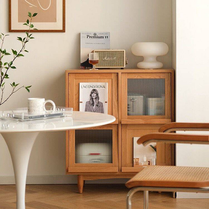 Zeitgenössischer nordischer Massivholz-Glas-Rechteckiger Aufbewahrungsschrank 4-Schränke Für Wohnzimmer &amp; Schlafzimmer 