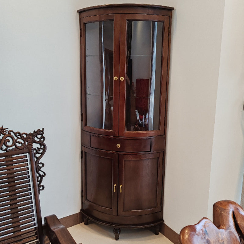 Gabinete de almacenamiento de esquina rectangular de vidrio de madera maciza retro contemporáneo con 1 cajón para sala de estar 