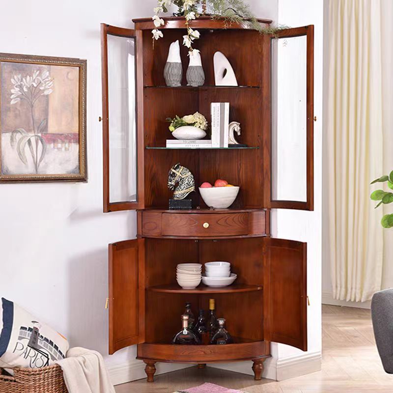 Gabinete de almacenamiento de esquina rectangular de vidrio de madera maciza retro contemporáneo con 1 cajón para sala de estar 