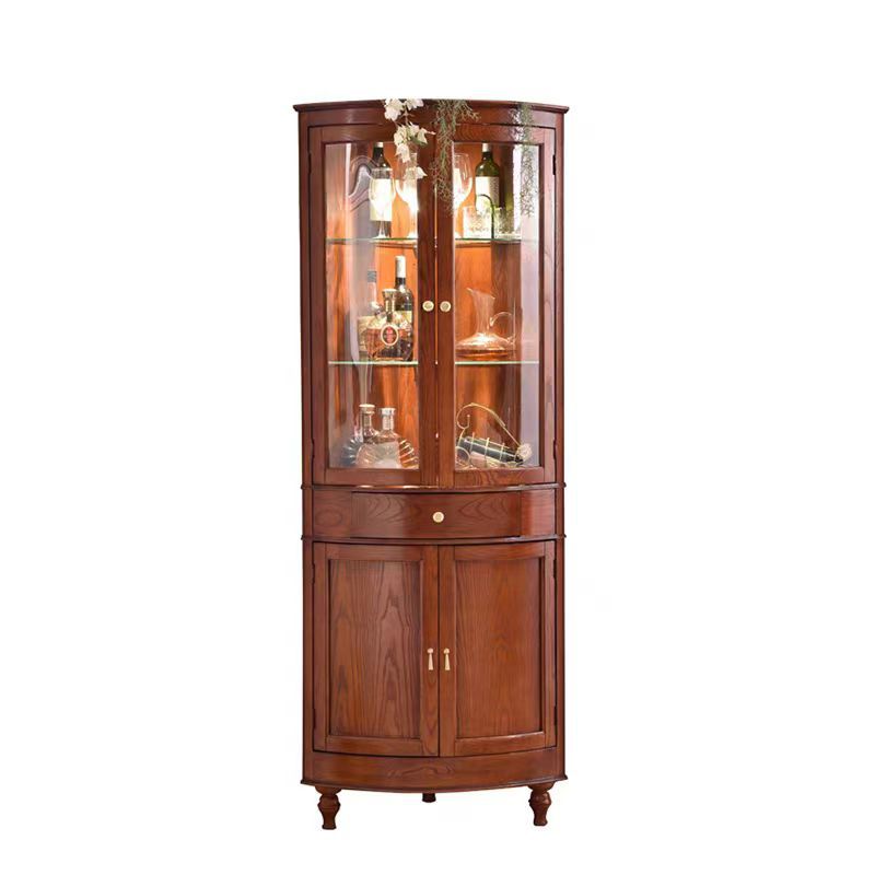 Gabinete de almacenamiento de esquina rectangular de vidrio de madera maciza retro contemporáneo con 1 cajón para sala de estar 