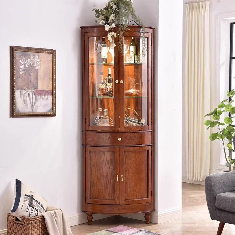 Gabinete de almacenamiento de esquina rectangular de vidrio de madera maciza retro contemporáneo con 1 cajón para sala de estar 