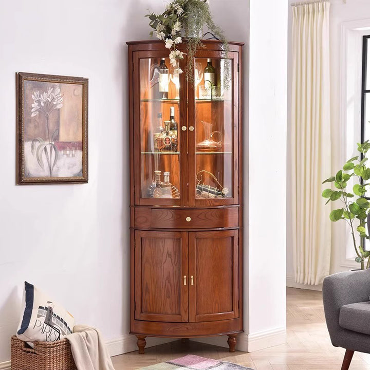 Gabinete de almacenamiento de esquina rectangular de vidrio de madera maciza retro contemporáneo con 1 cajón para sala de estar 