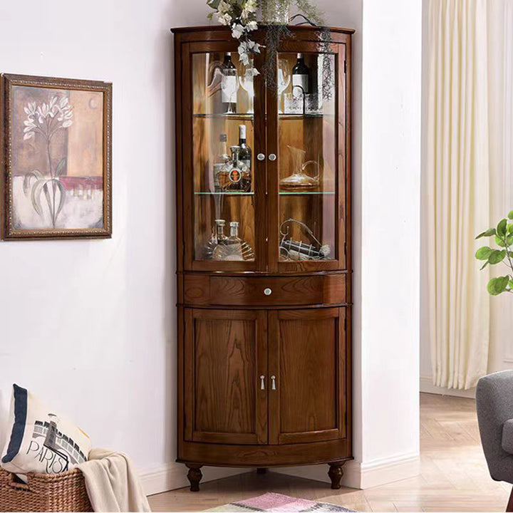 Gabinete de almacenamiento de esquina rectangular de vidrio de madera maciza retro contemporáneo con 1 cajón para sala de estar 