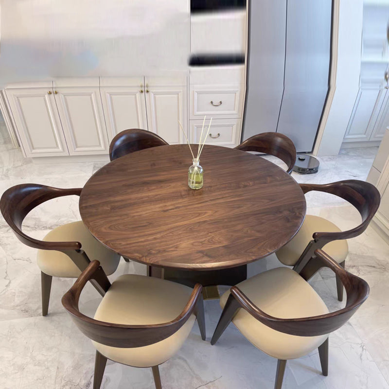 Table à manger ronde moderne minimaliste en bois de noyer et acier inoxydable avec 1 niveau pour 5/6 personnes 