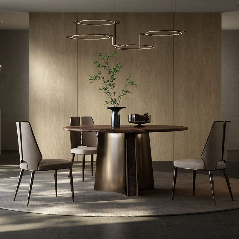 Table à manger ronde moderne minimaliste en bois de noyer et acier inoxydable avec 1 niveau pour 5/6 personnes 