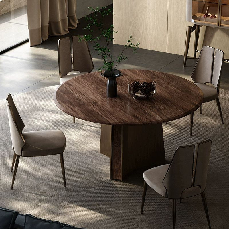 Table à manger ronde moderne minimaliste en bois de noyer et acier inoxydable avec 1 niveau pour 5/6 personnes 